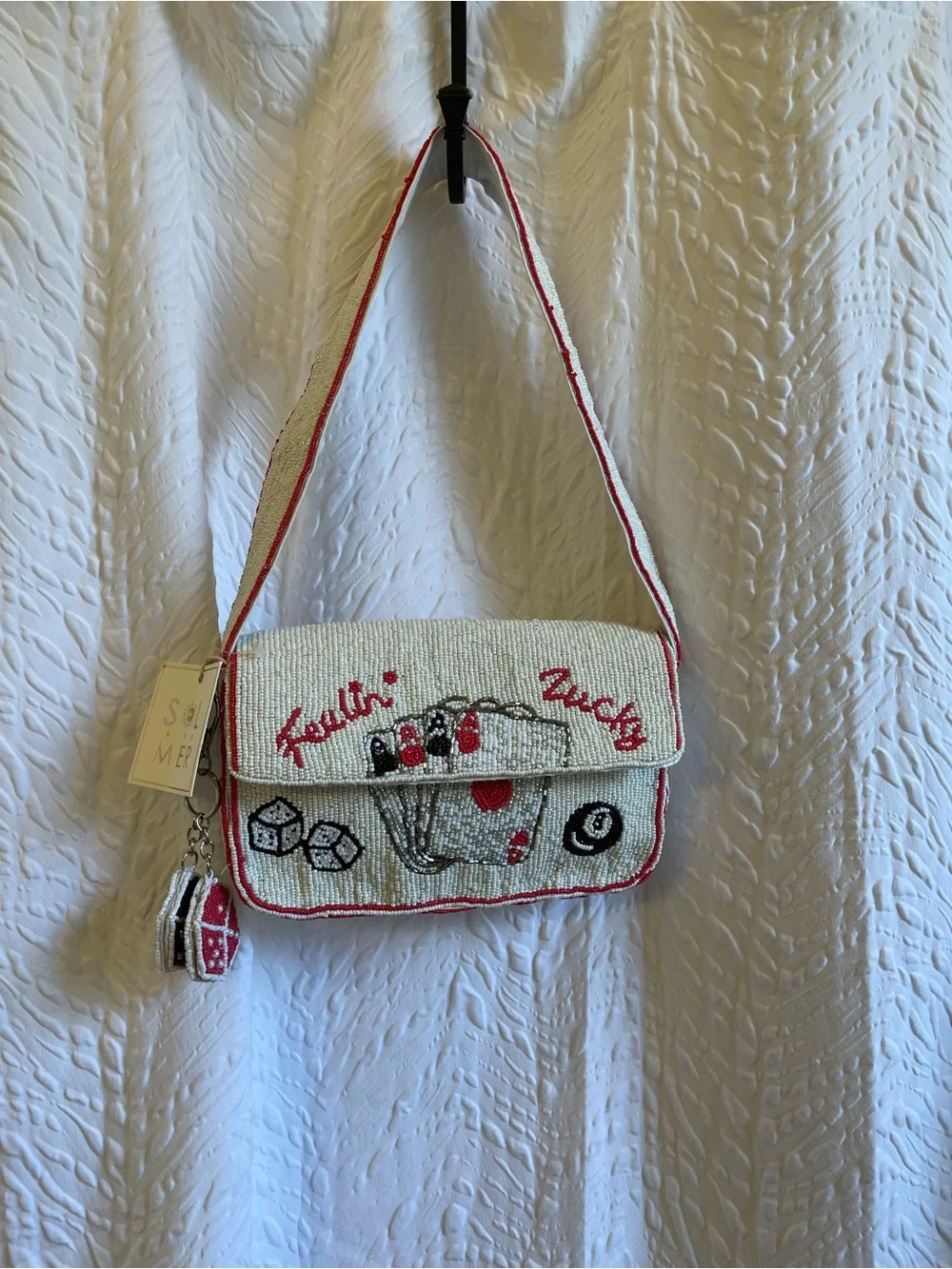 Sol & Mer White Beaded Lucky Dice & Cards Shoulder Bag - NWT **
